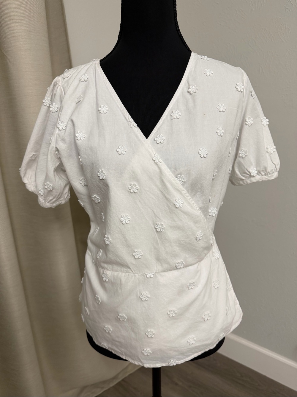 Ann Taylor White Floral Appliqué Wrap Blouse